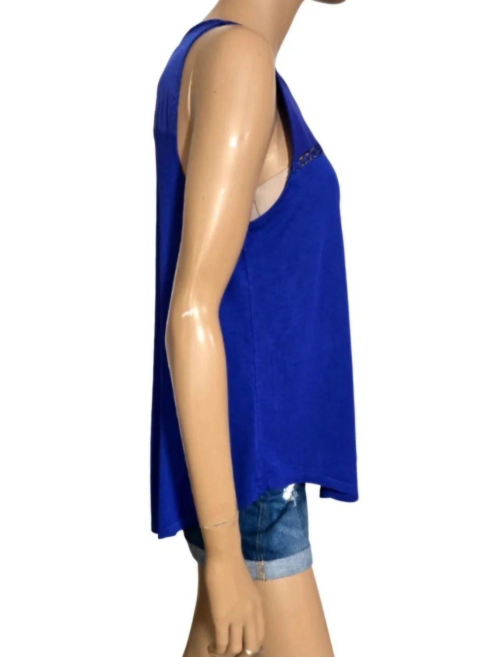 Old Navy Blue Sleeveless Top Mixed Media Embroidered Cutout Detail Keyhole M/L